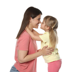 Portrait of happy mother and daughter on white background
