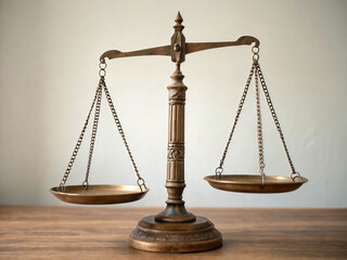 Vintage Balance Scale Symbolizing Justice, Fairness, and Equality on Wooden Table

