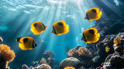 A school of bright yellow and black butterflyfish swimming in vibrant coral reefs underwater stunning marine life composition