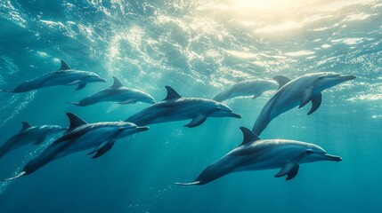 Dolphins swimming gracefully in clear blue waters underwater scene marine life ocean tranquil environment
