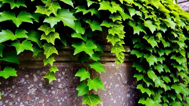 Green ivy vines climbing on weathered concrete wall, creating a natural textured pattern and organic architectural detail.