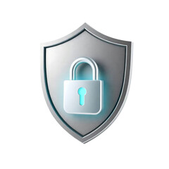Cyber Shield: A close-up shot of a sleek, metallic shield bearing a glowing padlock, representing cybersecurity and protection. It embodies the concept of secure data in the digital age.