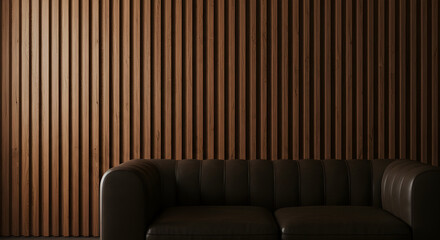Contemporary Interior Featuring a Leather Sofa Against Wood Slat Wall