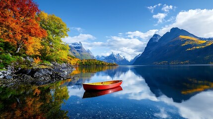 there is a red boat that is sitting in the water