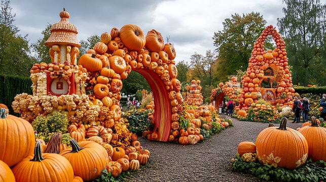 Autumnal pumpkin structures and archway display.