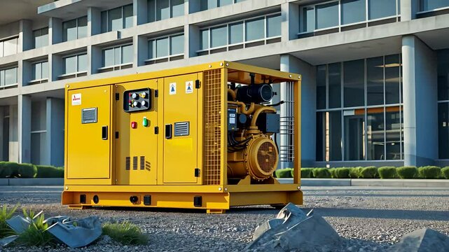 Portable Yellow Power Generator Placed Outside a Modern Building on a Bright Clear Day