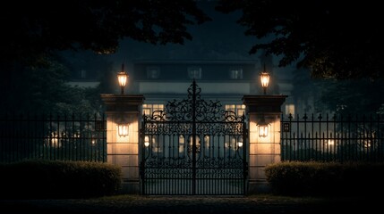 Ornate gate at a large mansion at night