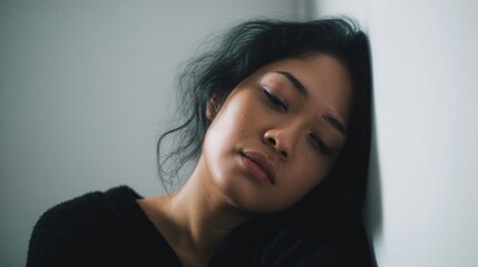 Black-haired woman collapsing in grief with head down against the wall  