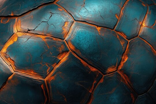 Close-up of a turtle's shell, showcasing intricate textures and vibrant teal and orange hues.