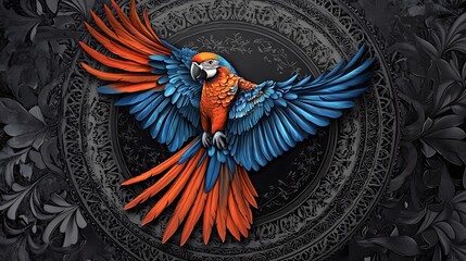 Vivid parrot in flight, ornate decorative background.