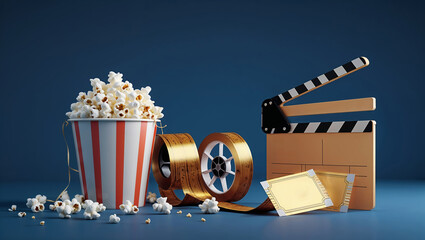 Popcorn, film reel, and clapboard create a nostalgic movie night atmosphere in a blue setting