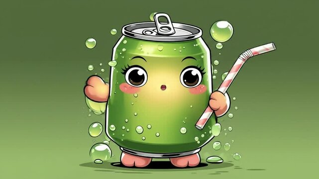 Adorable chubby cartoon soda can with round eyes blushing and holding wrapped straw