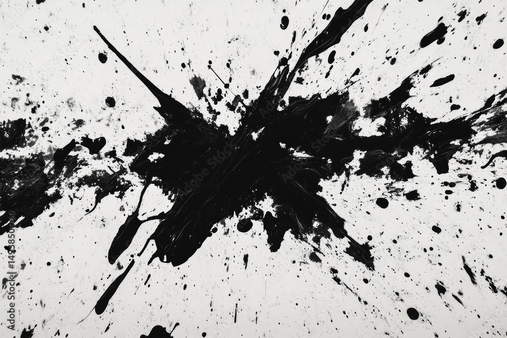 Poster chaos and balance interact in this dynamic design of splattered paint. the monochromatic palette enh