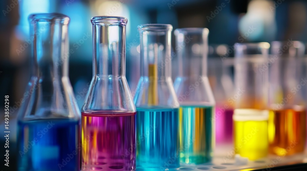 Poster conducting experiments with colorful glass beakers and test tubes in a laboratory environment for sc