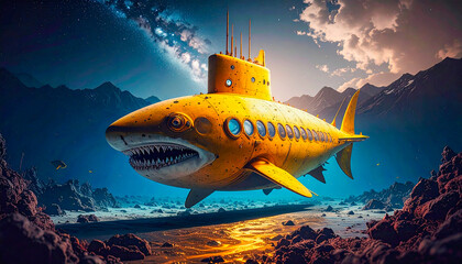 A yellow vintage submarine in the shape of a shark