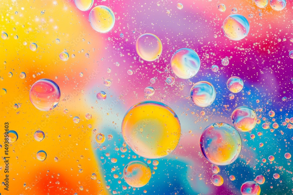 Poster close-up view of vibrant oil and water merging to form beautiful bubbles against a vivid backdrop fe
