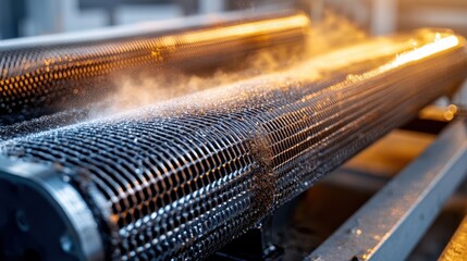 Recuperator core cleaning detail showing dust buildup on metallic heat exchanger fins with warm lighting highlighting industrial ventilation maintenance