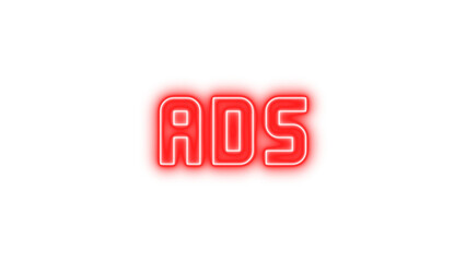 Neon sign displaying the word ADS, Neon advertisements icon glow with transparent background