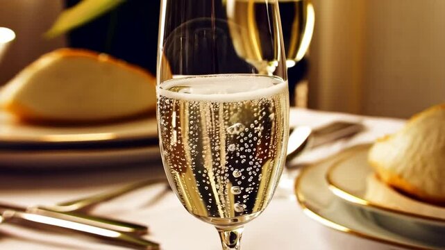 Elegant celebration setup with bubbly champagne in glass flutes, food served on plates, and dining ware arranged on table.