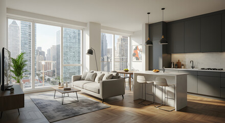 Serene Modern Apartment Interior With City View And Contemporary Kitchen Design