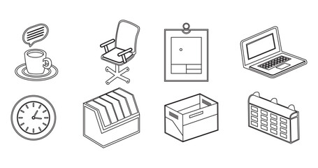 Fototapeta premium Black Outline Office Icon Set – Minimal Business Essentials Vector Collection