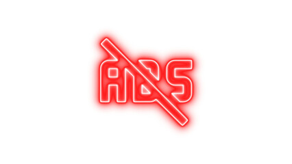 Glowing neon sign displaying the word ADS with a diagonal line through it, Neon advertisements off icon glow with transparent background