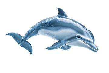 Fototapeta premium A shiny blue dolphin swimming in a white background, showcasing its sleek body and smooth skin texture