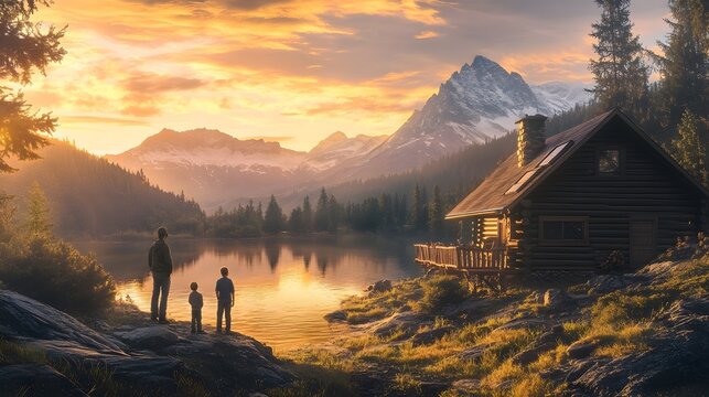 A family standing at their cabin   B6505
