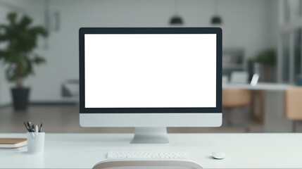 Fototapeta premium Workstation setup featuring a desktop computer with a blank screen. Perfect for showcasing software, websites, or digital content in a modern office environment.