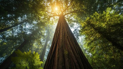 Majestic redwood tree standing tall in lush forest nature photography serene environment upward perspective
