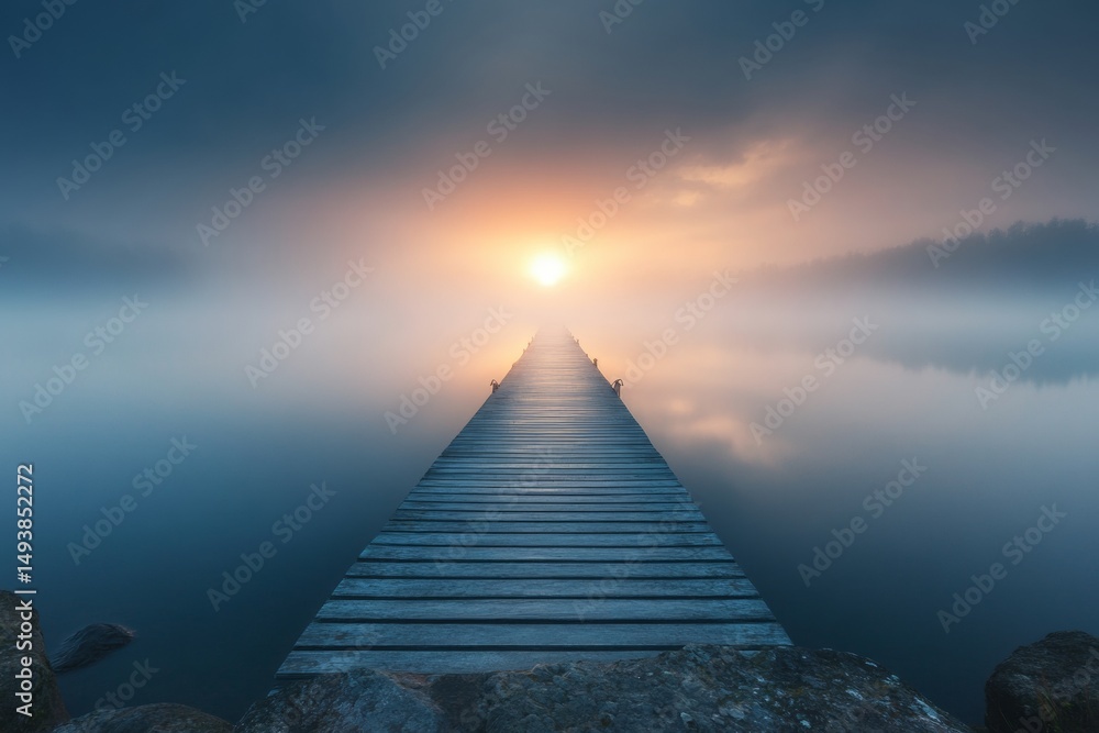 Poster a wooden dock extends into a serene lake enveloped in fog at dawn, creating a tranquil atmosphere. t