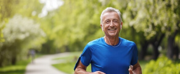 The joyful elderly man jogging in a serene park setting