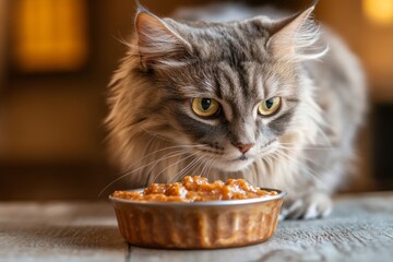 A fluffy gray cat leans in closely, sniffing a bowl of gourmet wet food placed on a rustic wooden table bathed in warm light. The curious feline seems intrigued by the rich aroma
