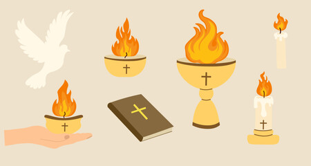 Pentecost Sunday elements dove of peace, flames of the Holy Spirit, Bible, burning candles, chalice, and open hand. Perfect for church invitations or holiday graphics