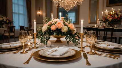 Elegant dining setup with floral centerpiece and candlelight at a formal event in an upscale venue