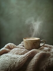 Photo of a steaming coffee cup placed on a cozy blanket, evoking warmth and relaxation