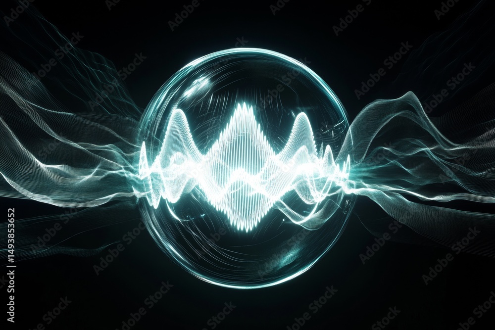 Poster a luminescent orb floats in a black void, emanating vibrant light waves that ripple outward. the int