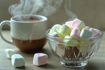 A crystal bowl overflows with colorful pastel marshmallows beside a warm cup of hot cocoa, creating a welcoming atmosphere perfect for a chilly day