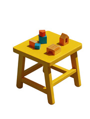 Fototapeta premium Wooden Toys on Stool: A vibrant yellow stool holds an assortment of wooden toys, creating a scene of innocent joy and playful exploration.
