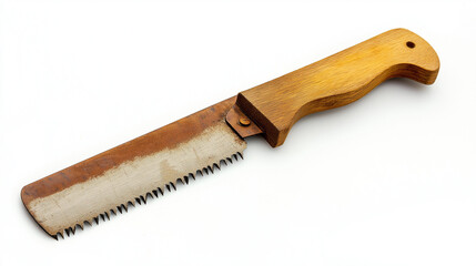A hand saw isolated on a white background, featuring a sharp serrated blade and an ergonomic handle for manual cutting tasks.
