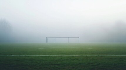 Misty morning soccer match field location scenic photography foggy environment wide-angle view early morning concept