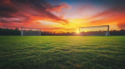 Soccer match at sunset outdoor field photography golden hour low angle serene atmosphere