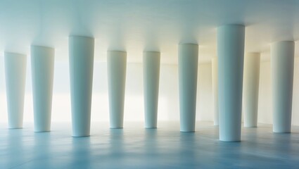 Obraz premium Modern architectural design featuring white conical pillars in a spacious interior during daylight hours