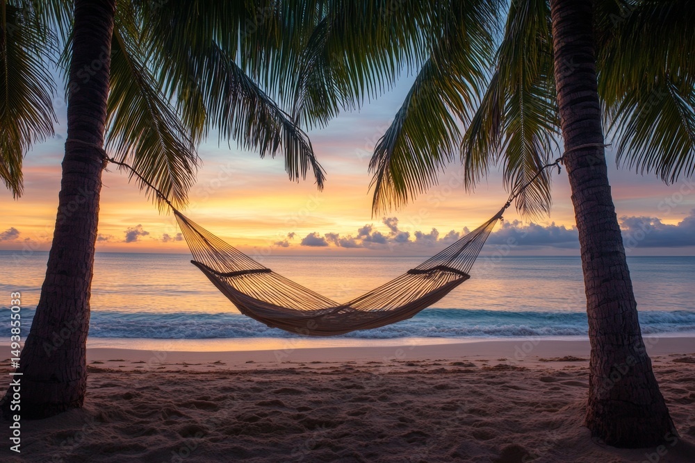 Poster a hammock is peacefully hung between two palm trees on a tranquil beach during sunrise. soft waves g