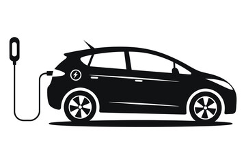 Simple, black and white silhouette illustration of an electric car plugged into a charging station.