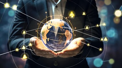Businessman holding global structure networking and data exchanges customer connection. Customer relationship management. Client service, digital marketing and social network - Powered by Adobe