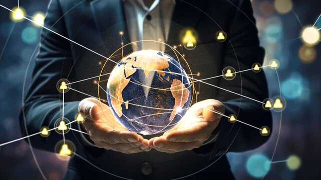 Businessman holding global structure networking and data exchanges customer connection. Customer relationship management. Client service, digital marketing and social network - Powered by Adobe