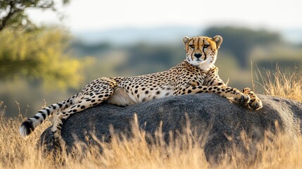 Naklejka premium Solitary cheetah relaxing on a rock savanna landscape wildlife photography tranquil environment side view animal behavior observation