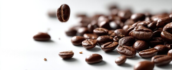 The captivating allure of falling coffee beans on a pristine surface.