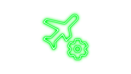 Neon icon of an airplane with a gear symbol, representing aviation technology, Neon airplane cog icon glow with transparent background